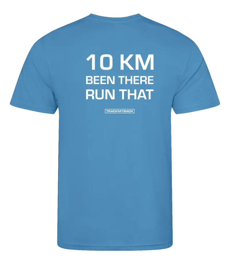 10KMBTRT-TMB001-SAPP-Back Blauw heren t-shirt met tekst: 10 kilometer been there run that