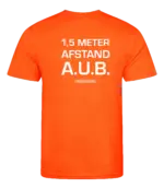 Oranje heren t-shirt met tekst: 1,5 meter afstand aub