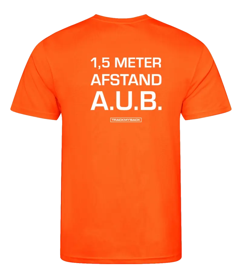 Oranje heren t-shirt met tekst: 1,5 meter afstand aub