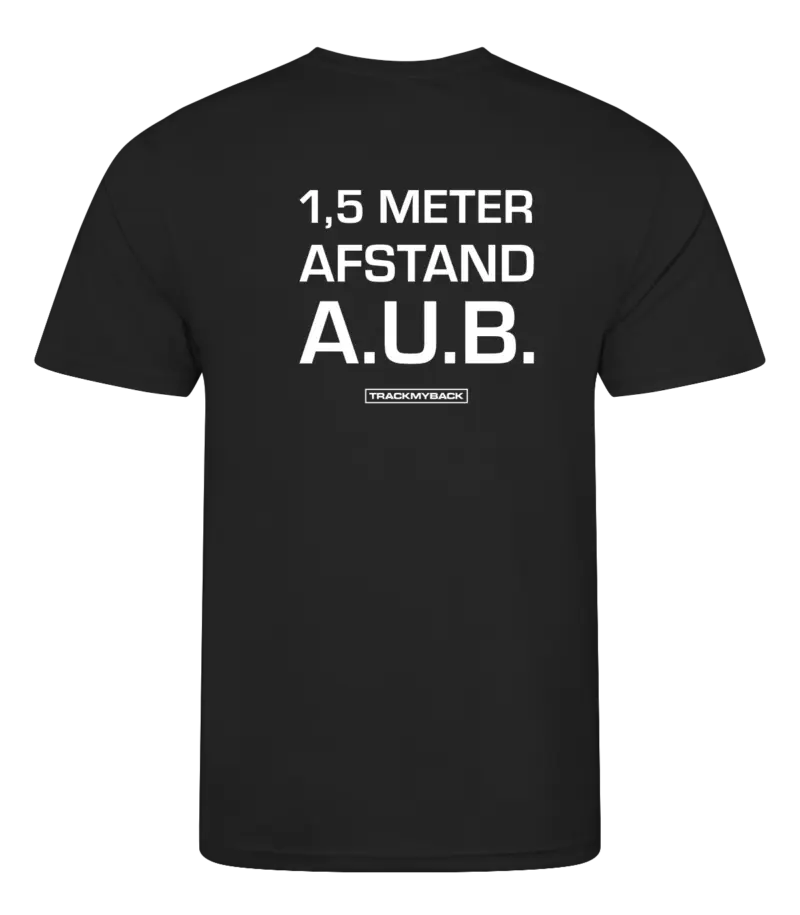 1K5MAA-TMB001-JBLA-Back Zwart heren t-shirt met tekst: 1,5 meter afstand aub