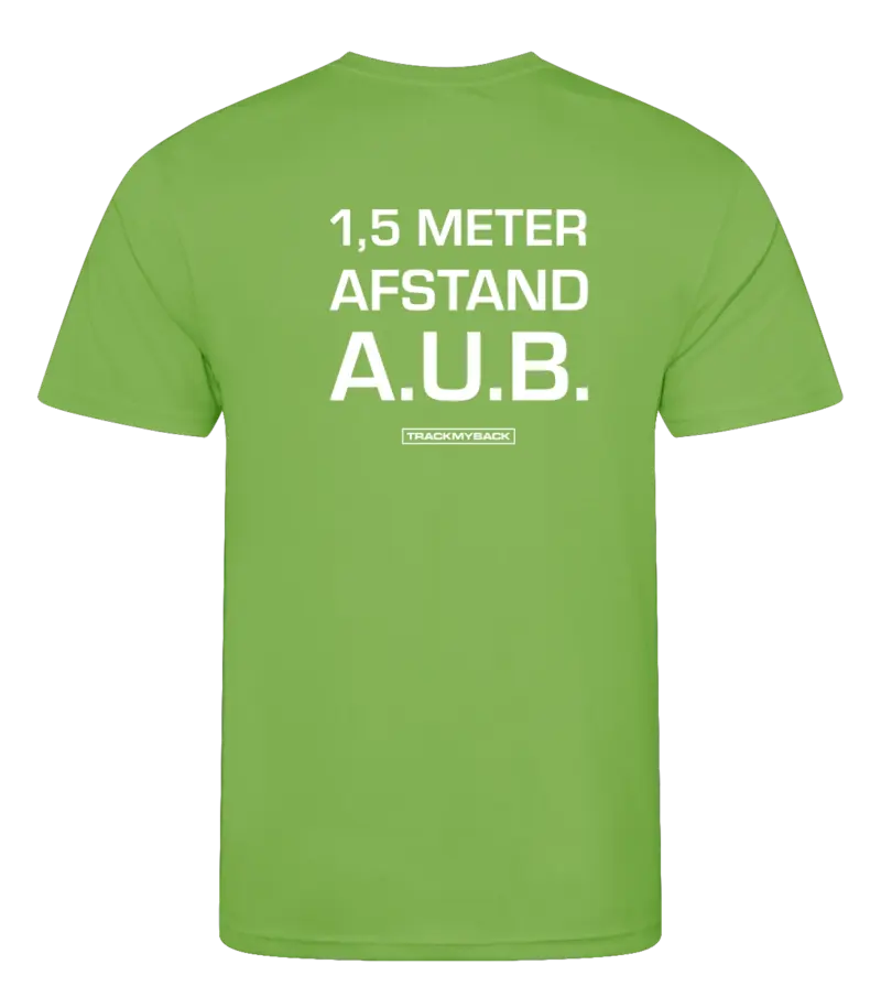 Lime heren t-shirt met tekst: 1,5 meter afstand aub