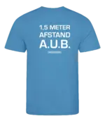 Blauw heren t-shirt met tekst: 1,5 meter afstand aub