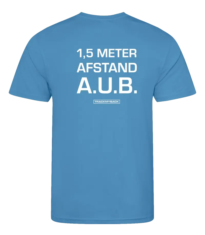 Blauw heren t-shirt met tekst: 1,5 meter afstand aub
