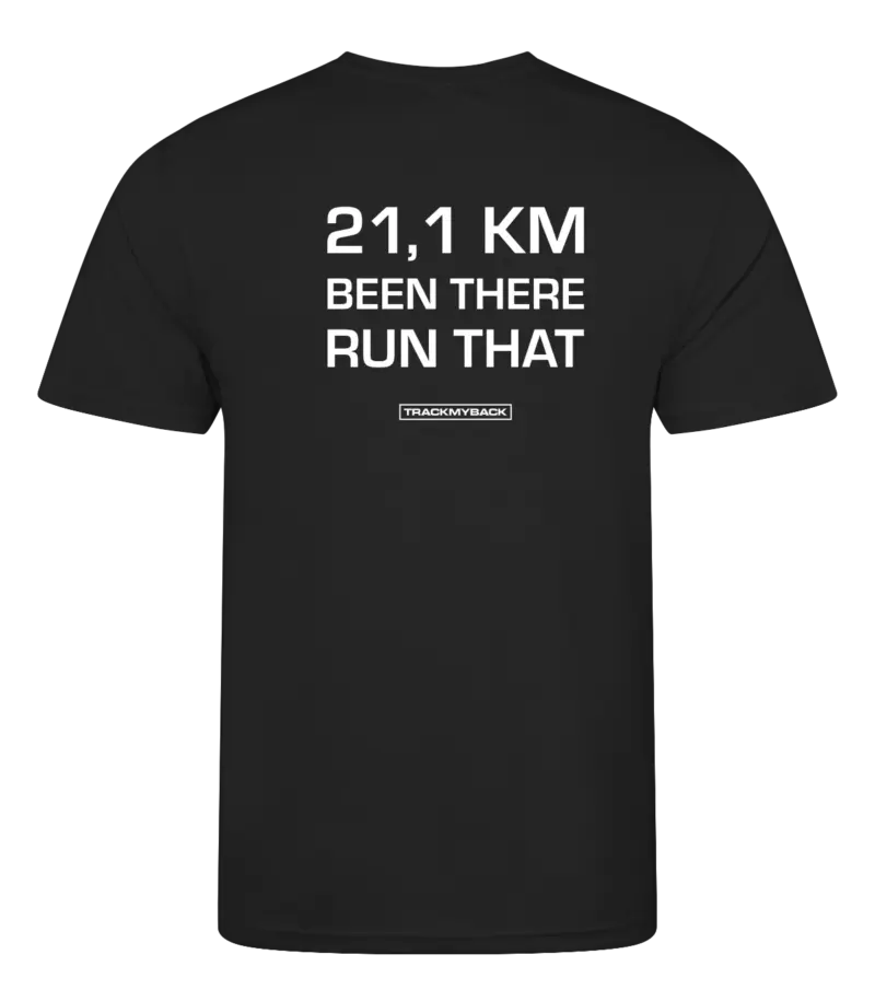 Zwart heren t-shirt met tekst: 21 kilometer been there run that