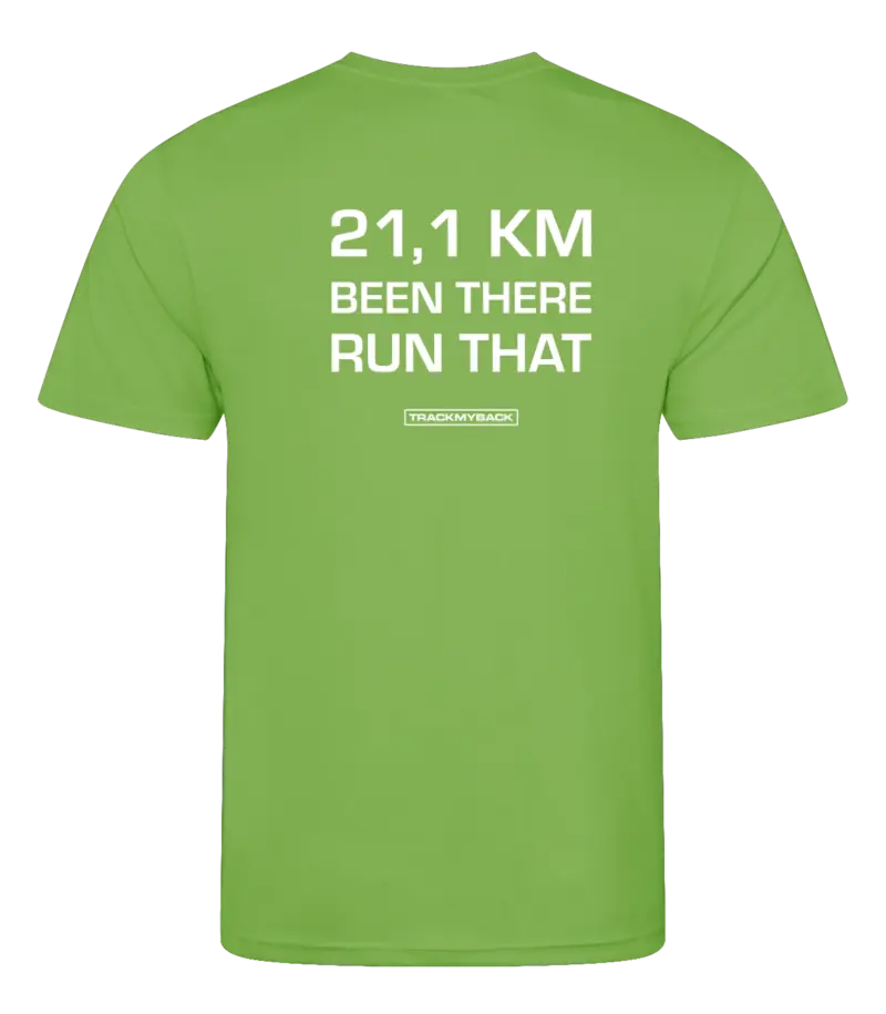 Lime heren t-shirt met tekst: 21 kilometer been there run that