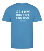 Blauw heren t-shirt met tekst: 21 kilometer been there run that