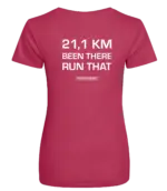 Pink dames t-shirt met tekst: 21 kilometer been there run that