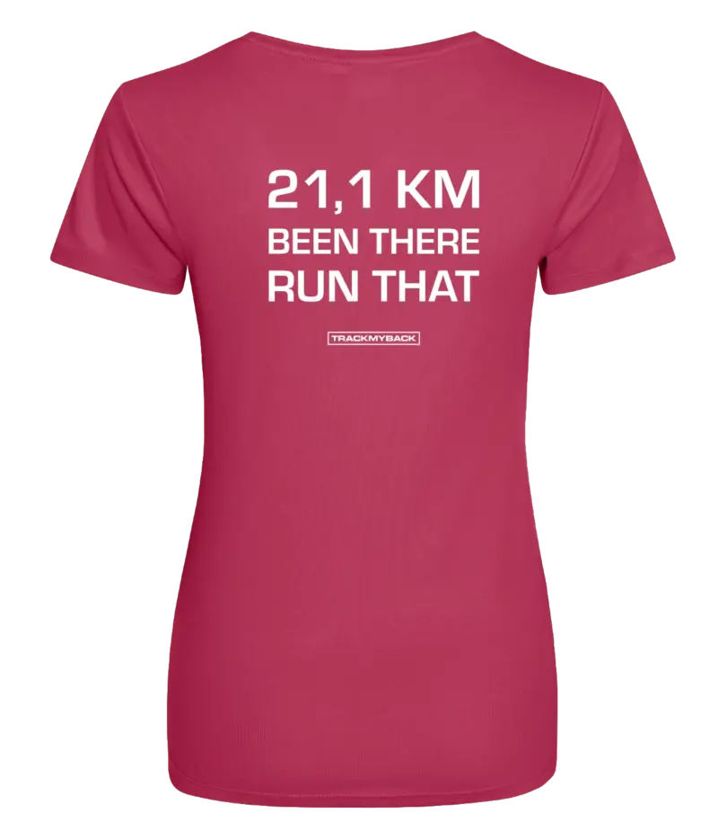 Pink dames t-shirt met tekst: 21 kilometer been there run that