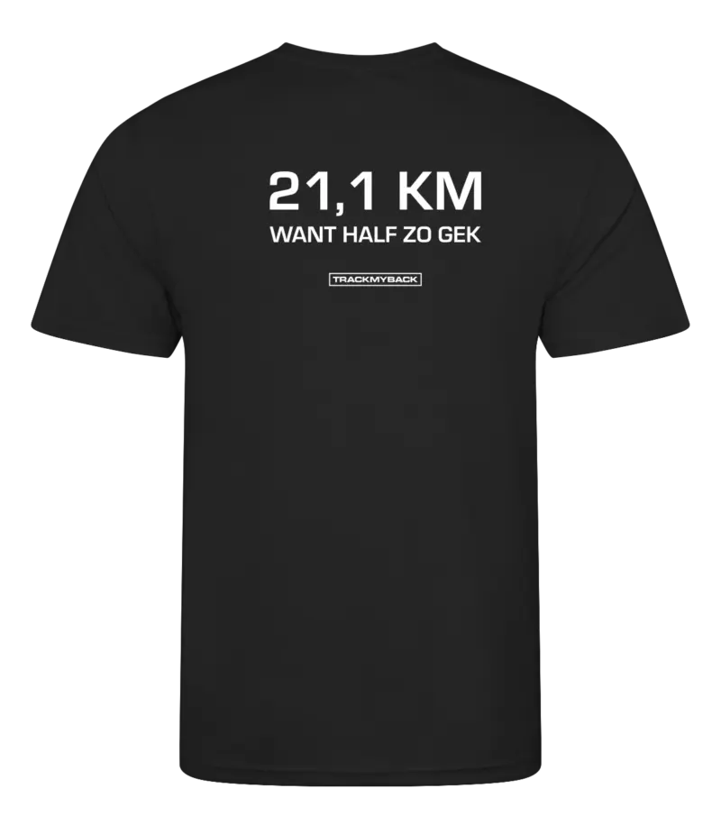 Zwart heren t-shirt met tekst: 21 kilometer want half zo gek