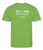 Lime heren t-shirt met tekst: 21 kilometer want half zo gek
