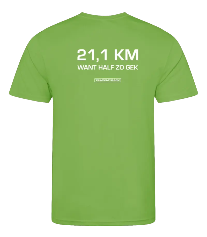Lime heren t-shirt met tekst: 21 kilometer want half zo gek