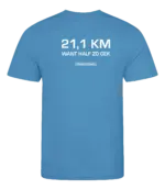 Blauw heren t-shirt met tekst: 21 kilometer want half zo gek