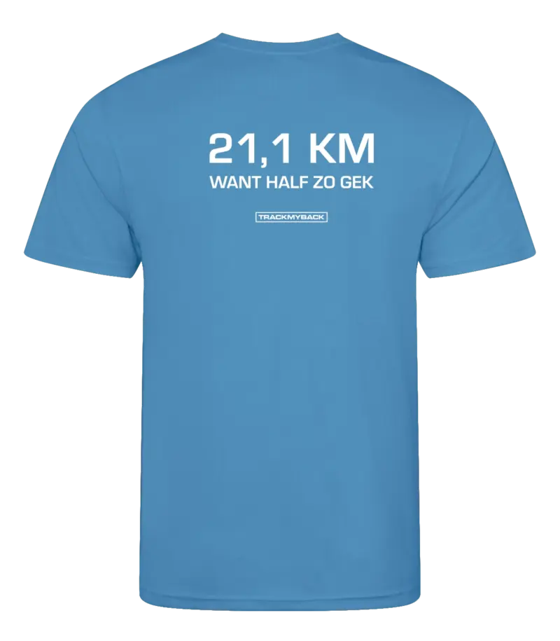 Blauw heren t-shirt met tekst: 21 kilometer want half zo gek