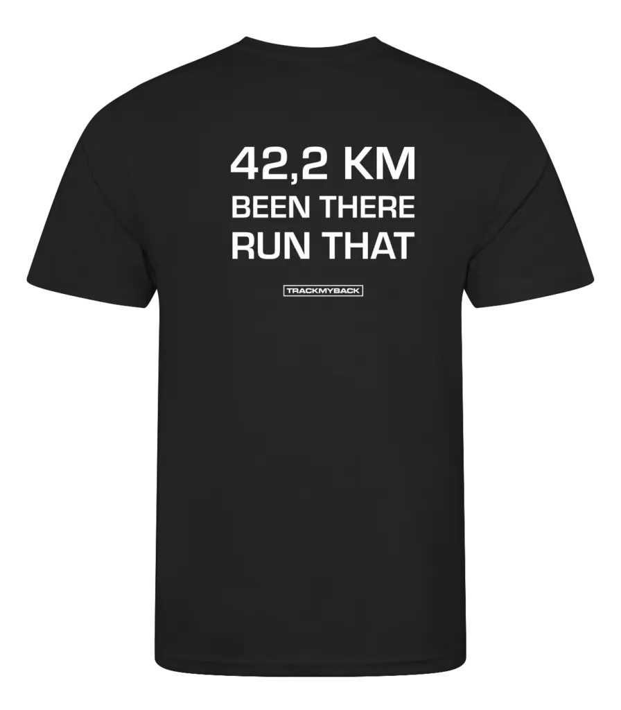 Zwart heren t-shirt met tekst: 42 kilometer been there run that