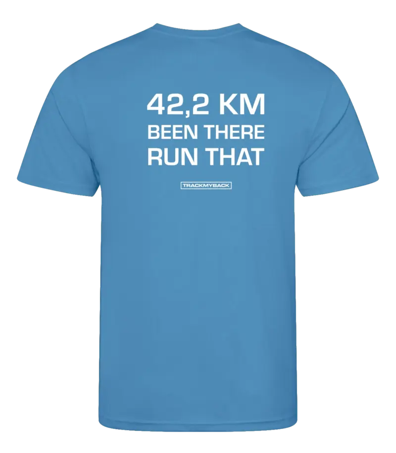 42KMBTRT-TMB001-SAPP-Back Blauw heren t-shirt met tekst: 42 kilometer been there run that