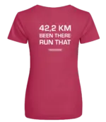 Pink dames t-shirt met tekst: 42 kilometer been there run that