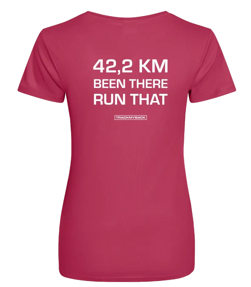 42KMBTRT-TMB005-HOPK-Back Pink dames t-shirt met tekst: 42 kilometer been there run that