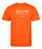 Oranje heren t-shirt met tekst: 42 kilometer want helemaal gek