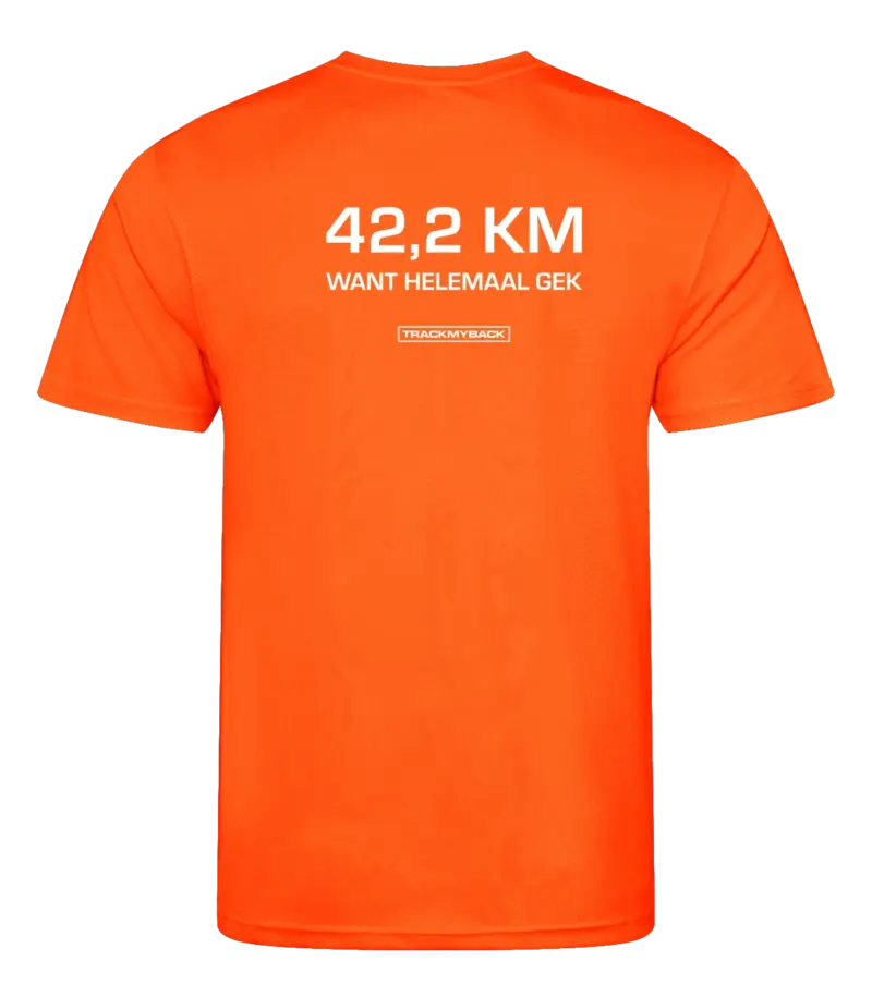 Oranje heren t-shirt met tekst: 42 kilometer want helemaal gek