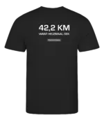 Zwart heren t-shirt met tekst: 42 kilometer want helemaal gek