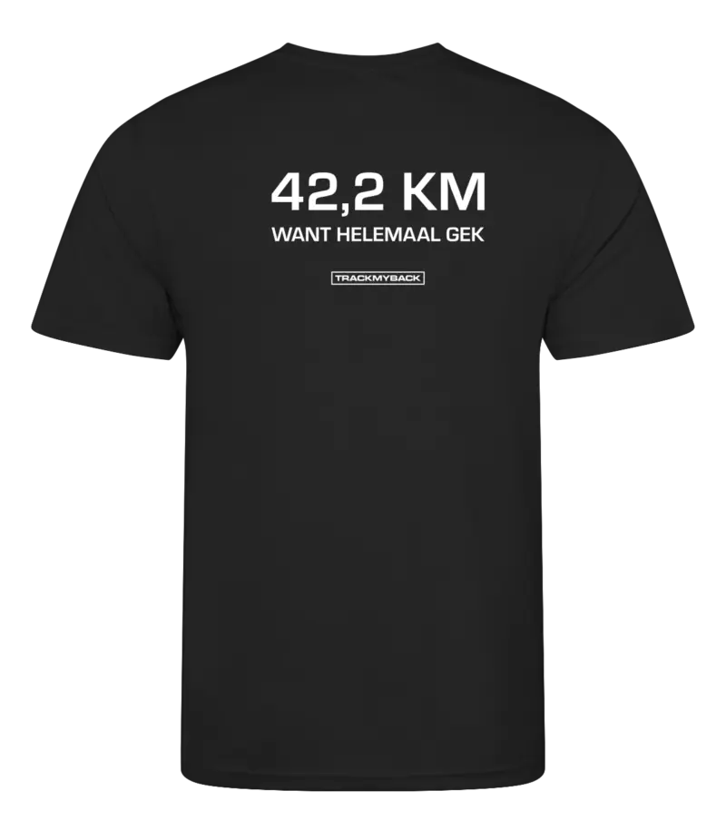 Zwart heren t-shirt met tekst: 42 kilometer want helemaal gek