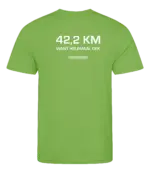 Lime heren t-shirt met tekst: 42 kilometer want helemaal gek