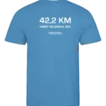 Blauw heren t-shirt met tekst: 42 kilometer want helemaal gek