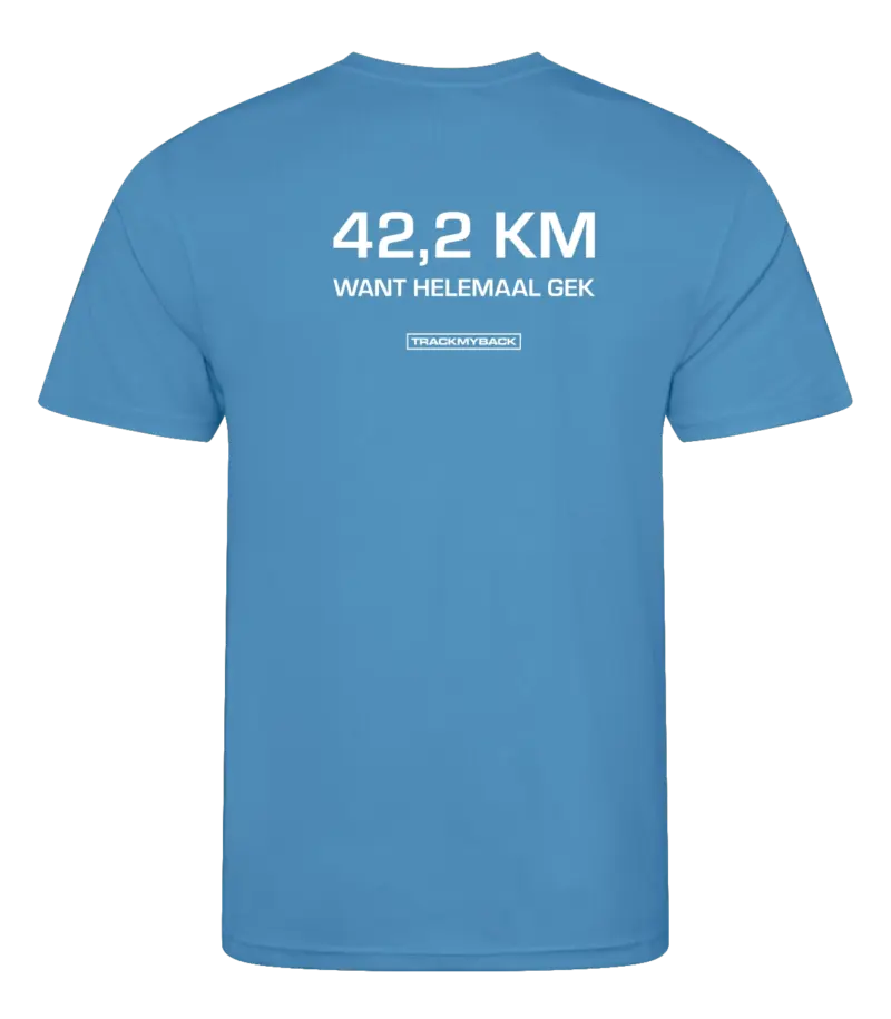 Blauw heren t-shirt met tekst: 42 kilometer want helemaal gek