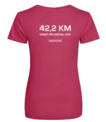 Pink dames t-shirt met tekst: 42 kilometer want helemaal gek