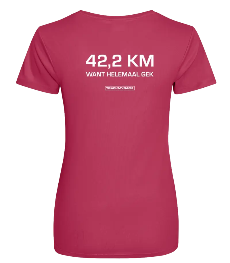 Pink dames t-shirt met tekst: 42 kilometer want helemaal gek