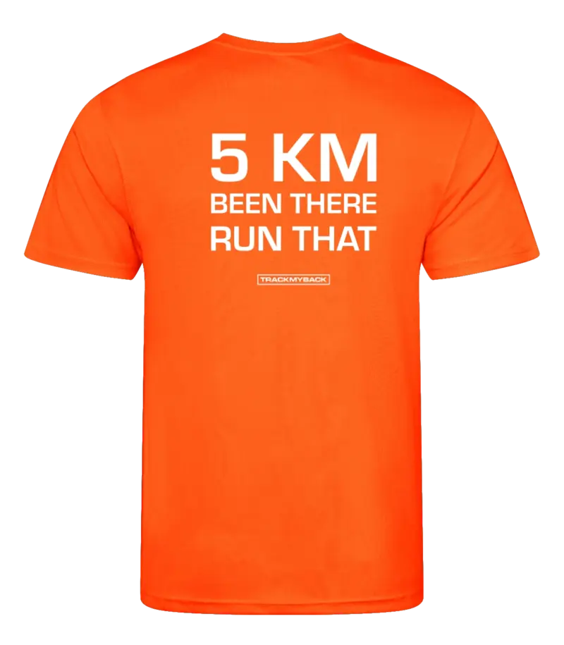 Oranje heren t-shirt met tekst: 5 kilometer been there run that