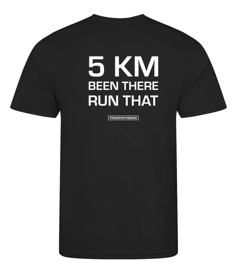 Zwart heren t-shirt met tekst: 5 kilometer been there run that