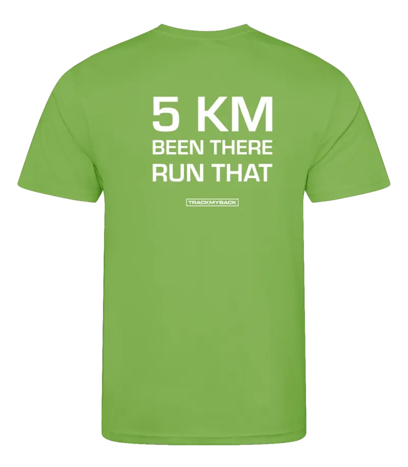Lime heren t-shirt met tekst: 5 kilometer been there run that
