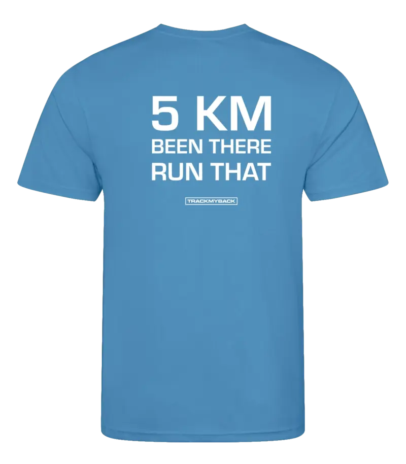 Blauw heren t-shirt met tekst: 5 kilometer been there run that