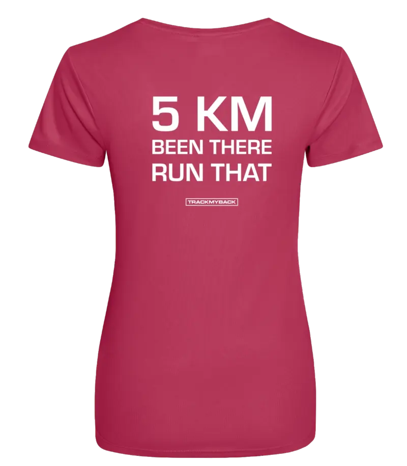 Pink dames t-shirt met tekst: 5 kilometer been there run that
