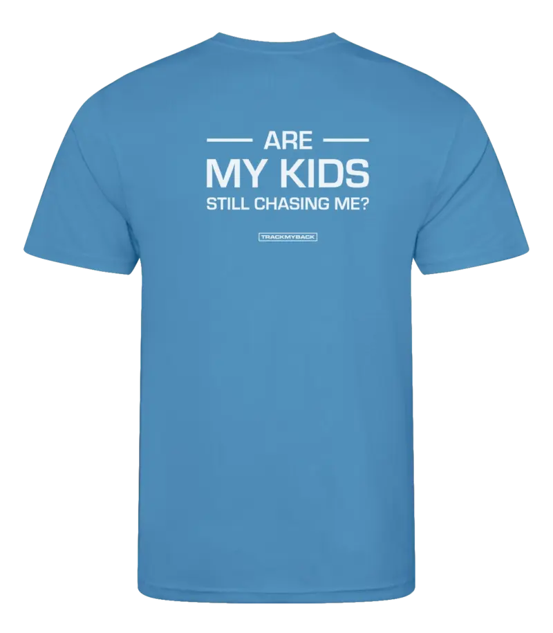 Blauw heren t-shirt met tekst: Are my kids still chasing me?