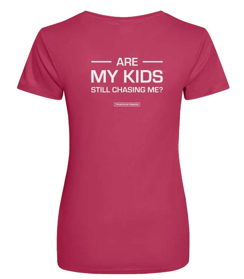 Pink dames t-shirt met tekst: Are my kids still chasing me?