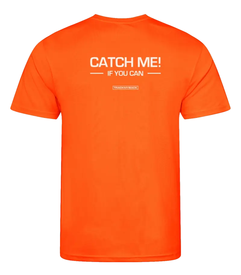 Oranje heren t-shirt met tekst: Catch me if you can