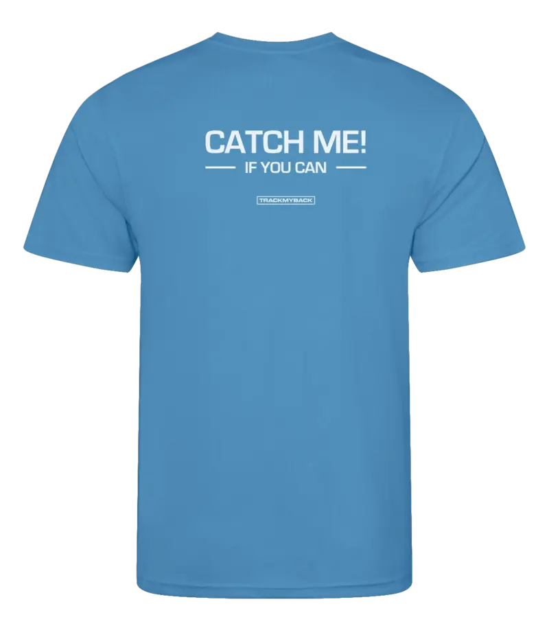 Blauw heren t-shirt met tekst: Catch me if you can