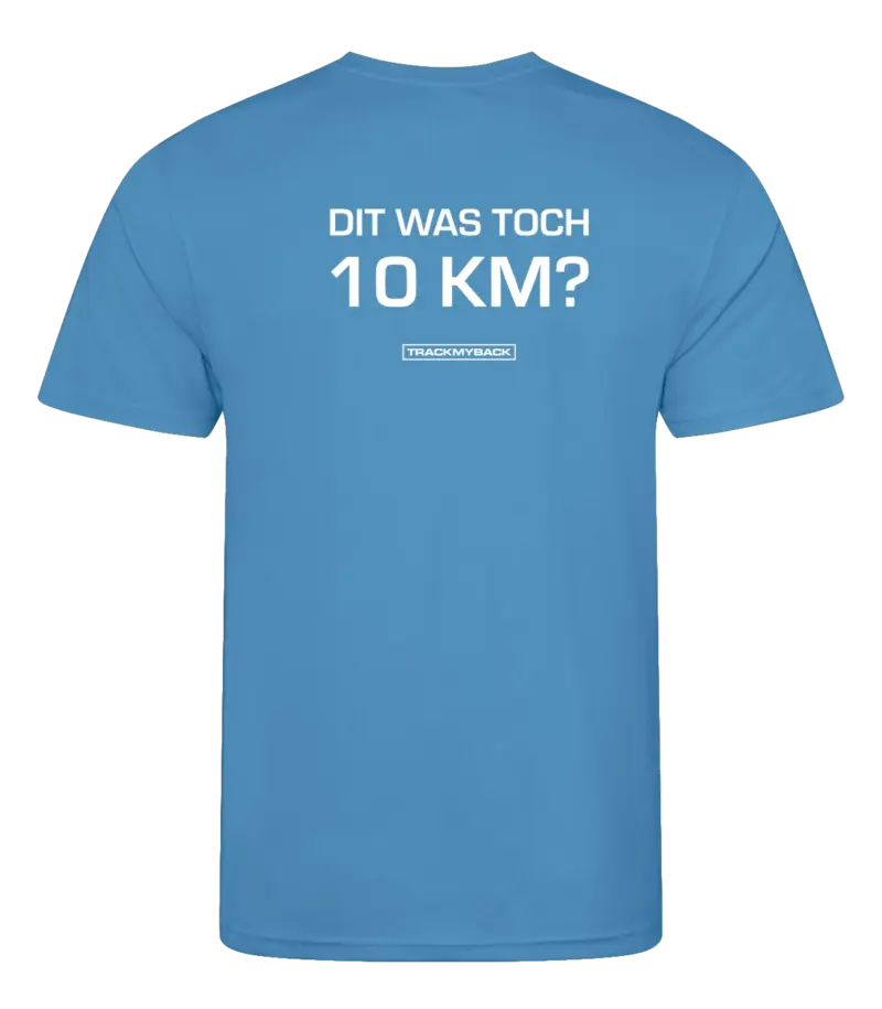 Blauw heren t-shirt met tekst: Dit was toch 10 kilometer?