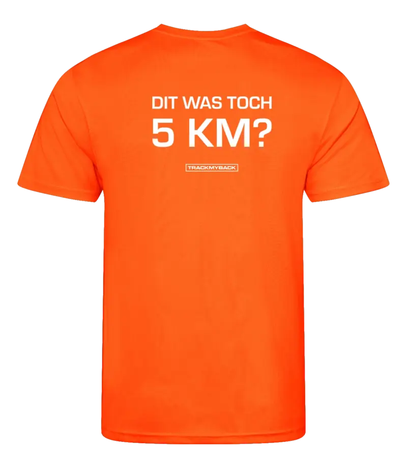 DWT5KM-TMB001-EORA-Back Oranje heren t-shirt met tekst: Dit was toch 5 kilometer?