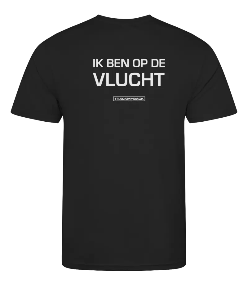 IBODV-TMB001-JBLA-Back Zwart heren t-shirt met tekst: Ik ben op de vlucht