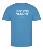 Blauw heren t-shirt met tekst: Ik ben op de vlucht