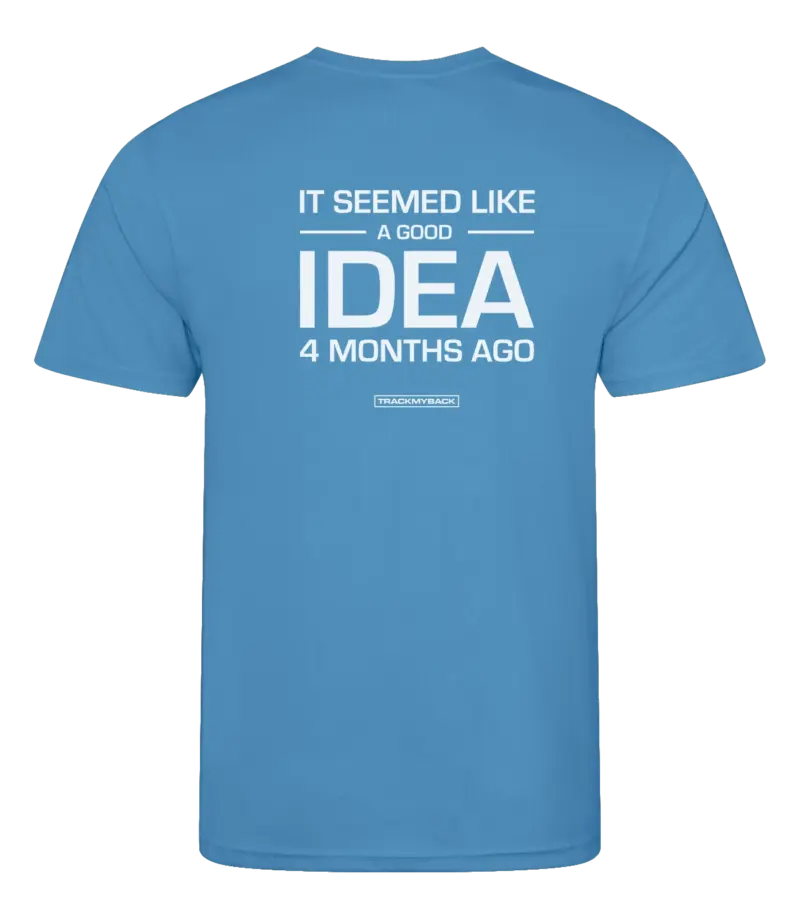 Blauw heren t-shirt met tekst: It seemed like a good idea 4 months ago