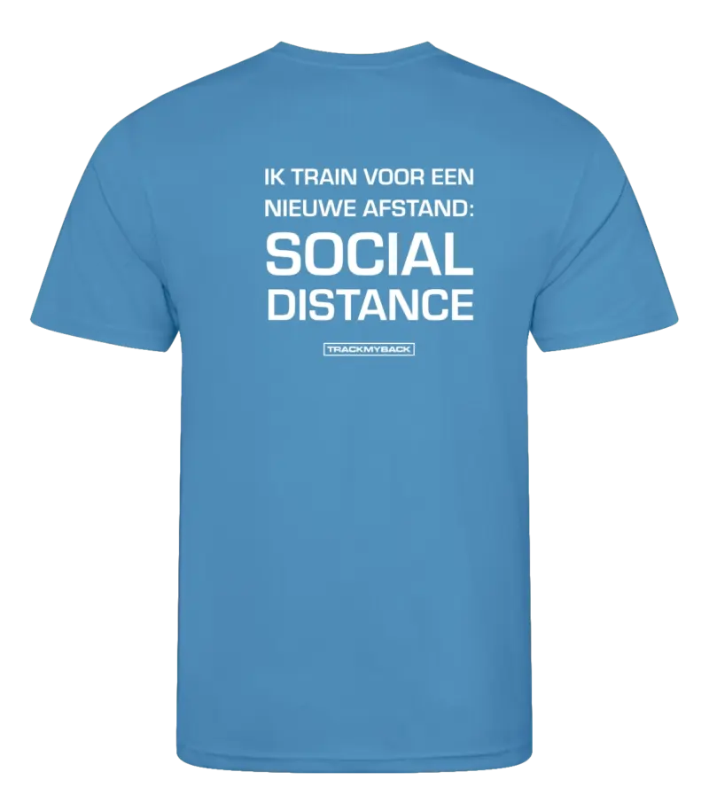 ITVENASD-TMB001-SAPP-Back Blauw heren t-shirt met tekst: Ik train voor een nieuwe afstand, social distance
