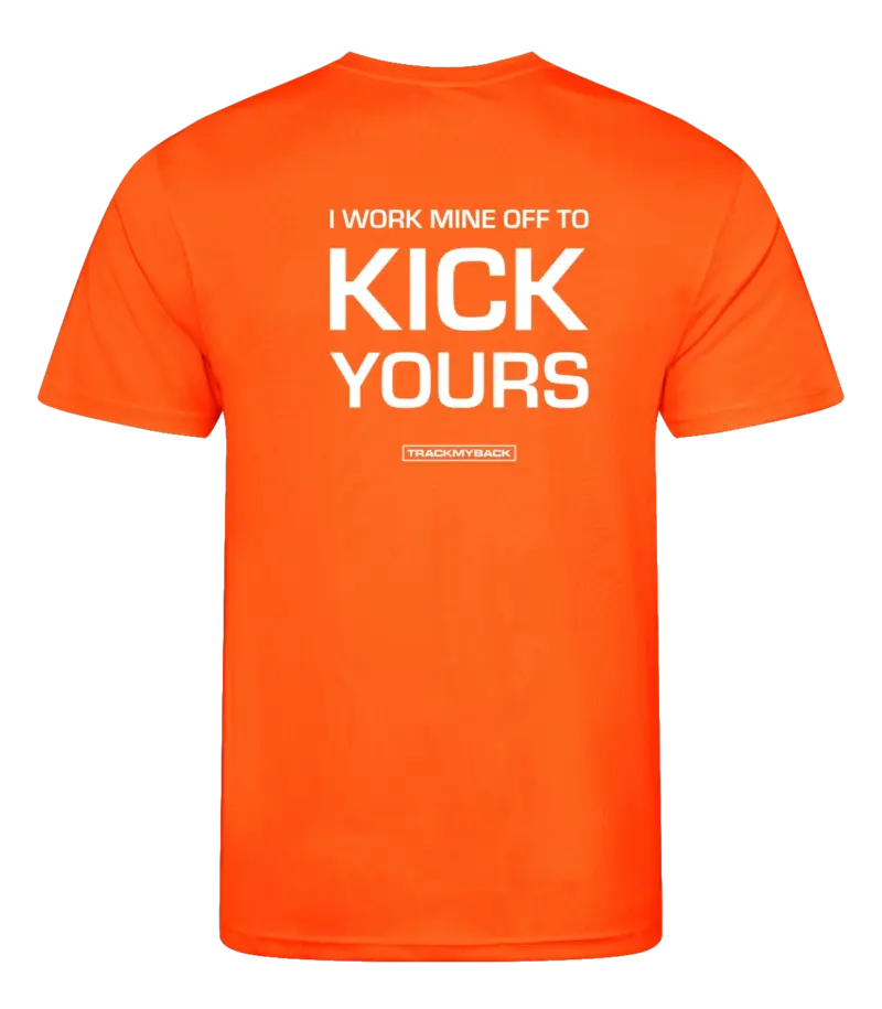 IWMOTKY-TMB001-EORA-Back Oranje heren t-shirt met tekst: I work mine off to kick yours!