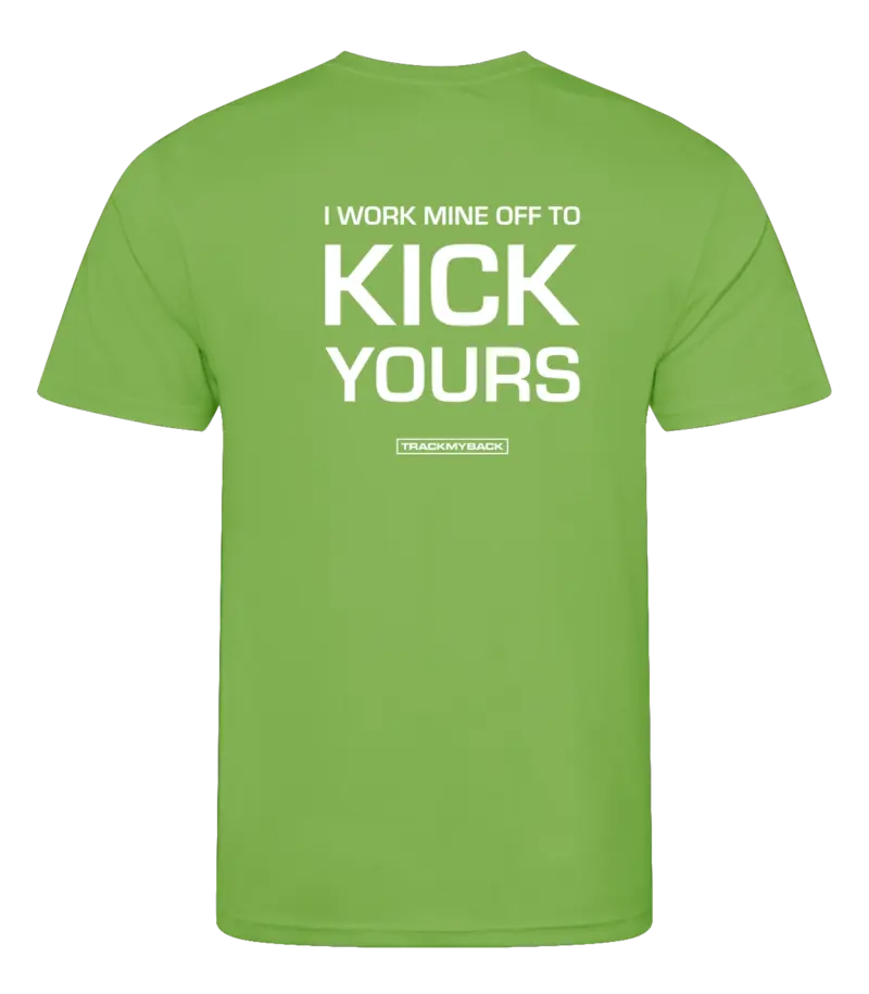IWMOTKY-TMB001-LIME-Back Lime heren t-shirt met tekst: I work mine off to kick yours!