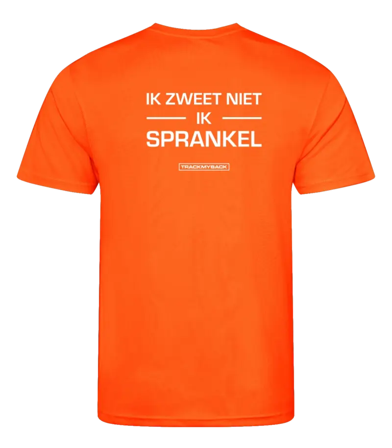 IZNIS-TMB001-EORA-Back Oranje heren t-shirt met tekst: Ik zweet niet ik sprankel!
