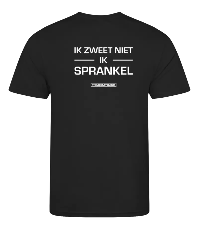 IZNIS-TMB001-JBLA-Back Zwart heren t-shirt met tekst: Ik zweet niet ik sprankel!