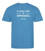 Blauw heren t-shirt met tekst: Ik zweet niet ik sprankel!
